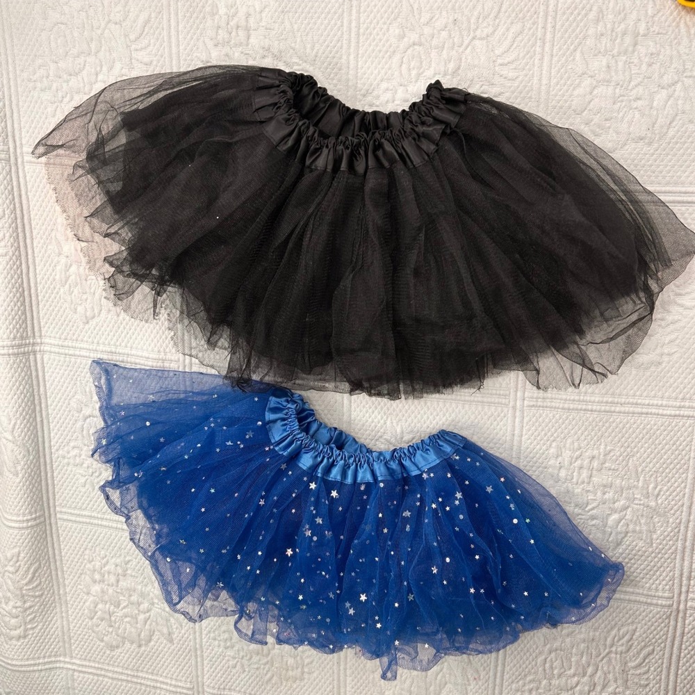 Kids Tulle Tutu Skirt Set Blue Silver Star Print and Solid Black 2 Pack